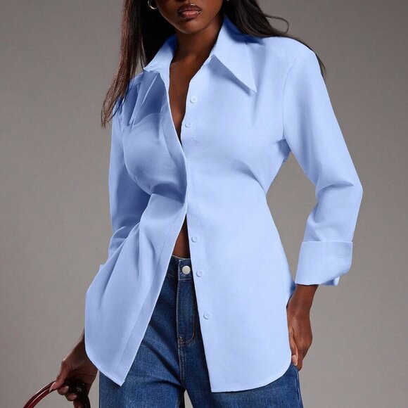 Tops - Blue Casual Women's Long Sleeve Button Up Top